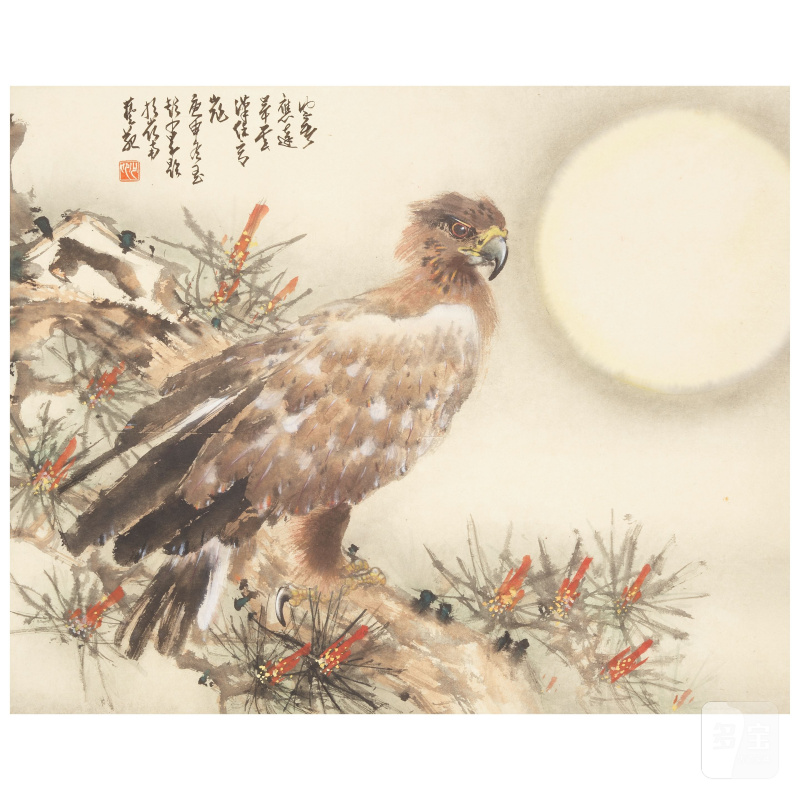 趙少昂（1905-1998）月下孤鷹 設色紙本 鏡心 一九八〇年作 | ZHAO SHAO'ANG (1905-1998)